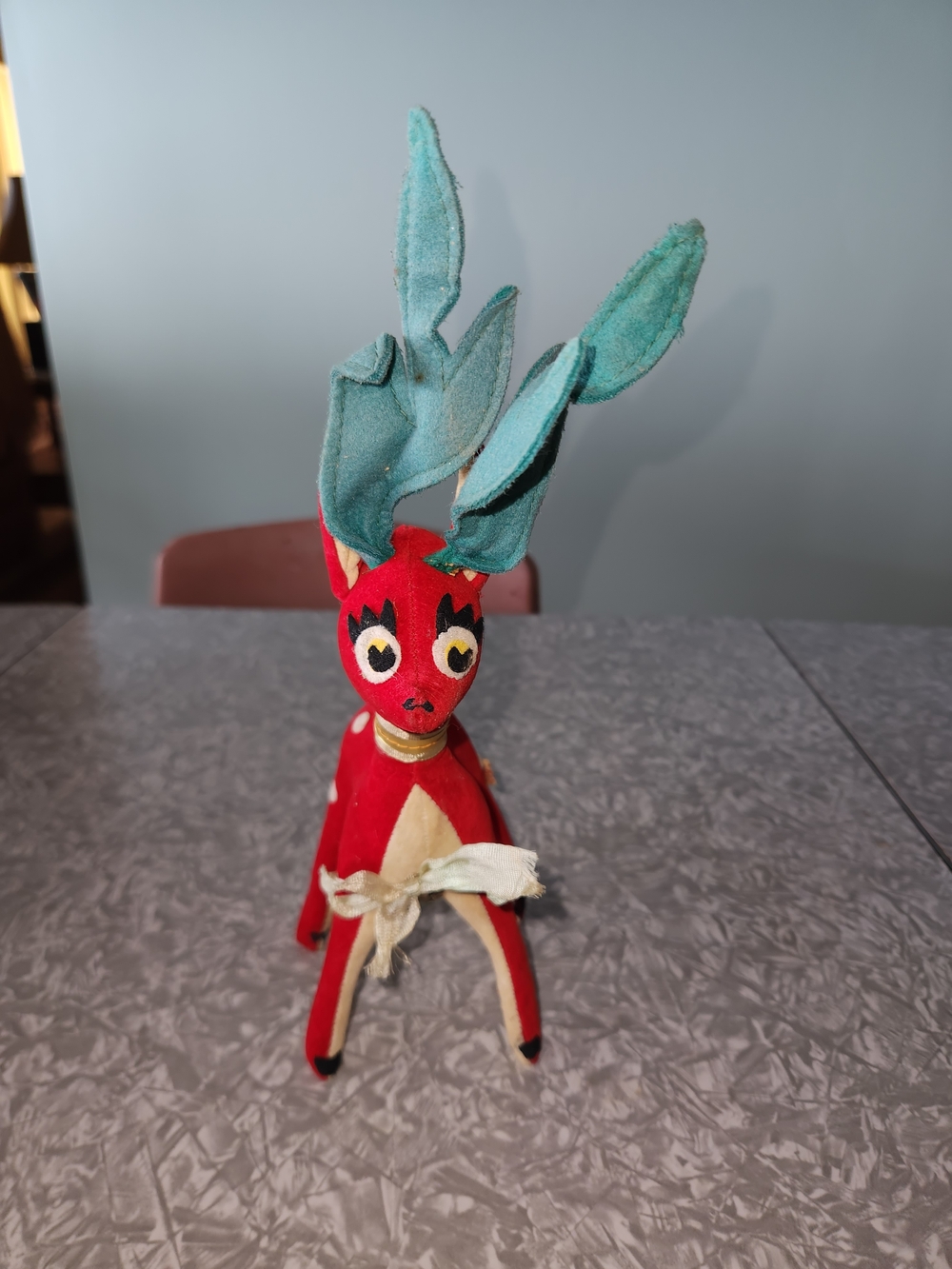 Vintage-Style Red Velvet Reindeer Holiday Figurine with Teal Antlers